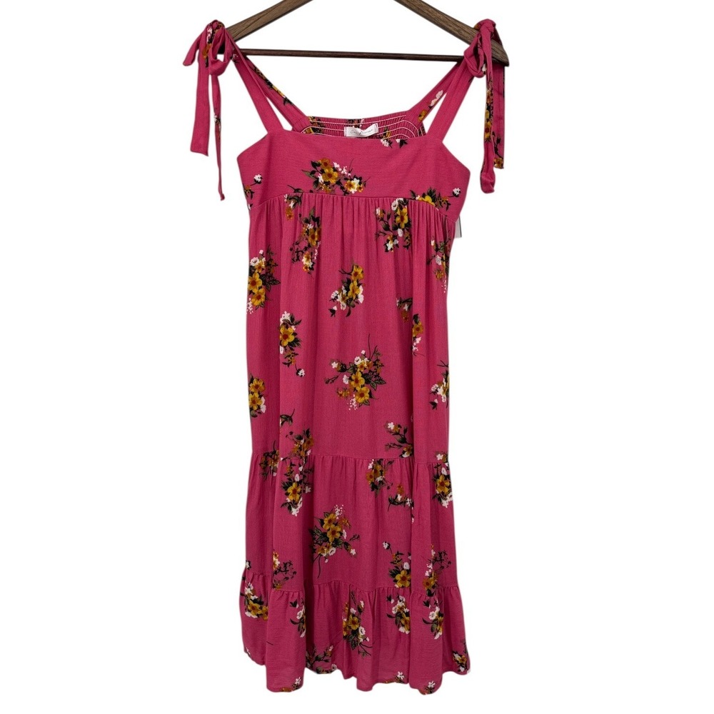 Ces Femme Babydoll Dress M Pink Floral Tie Shoulder Smocked Boho Rayon USA 38"